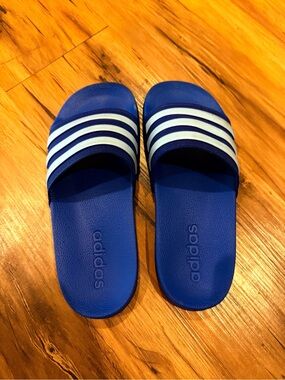 adidas Kids Royal Blue Slides with White Stripes